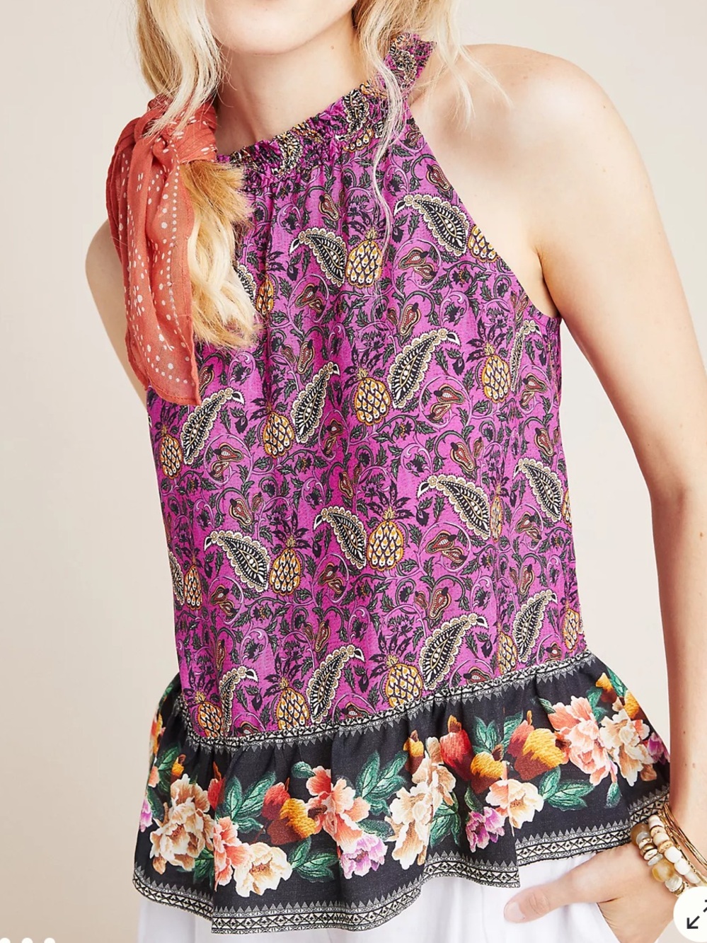 FARM Rio Mikah Purple Pineapple Floral Halter Camisole Top Women Size M